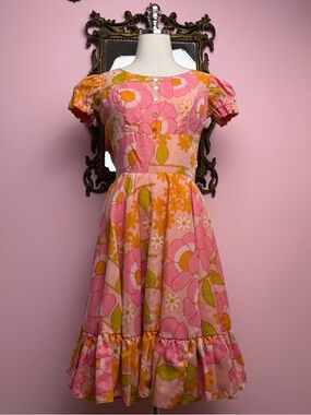 Vintage 60s Pink Orange Flower Puff Sleeve Full Circle Dress XS Extra Small